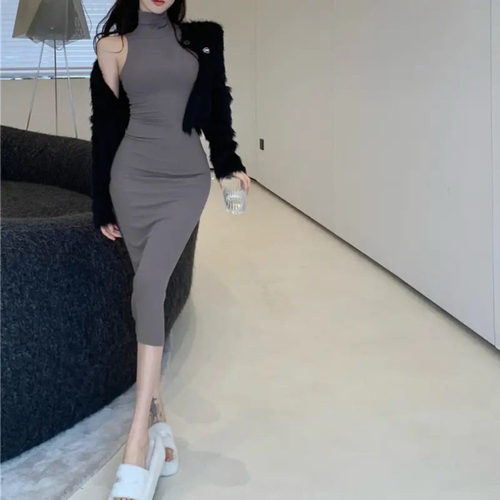 New summer turtleneck sleevelessdress for women.Skinny elastic culp pencildress